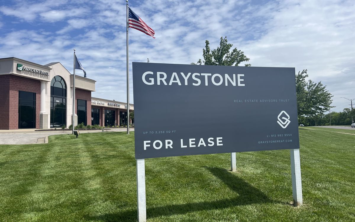 Graystone for-lease sign at the Quivira Crossing out-lot building, 135th Street and Quivira Road, Overland Park, Kansas